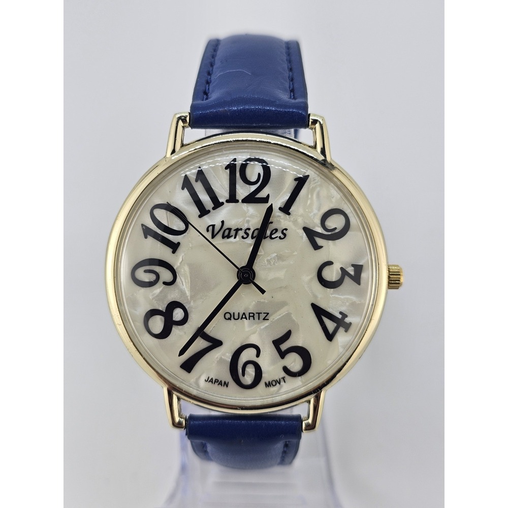 Versales Women's Watch 44MM Cream Dial Blue Faux Leather Bands NEW Battery